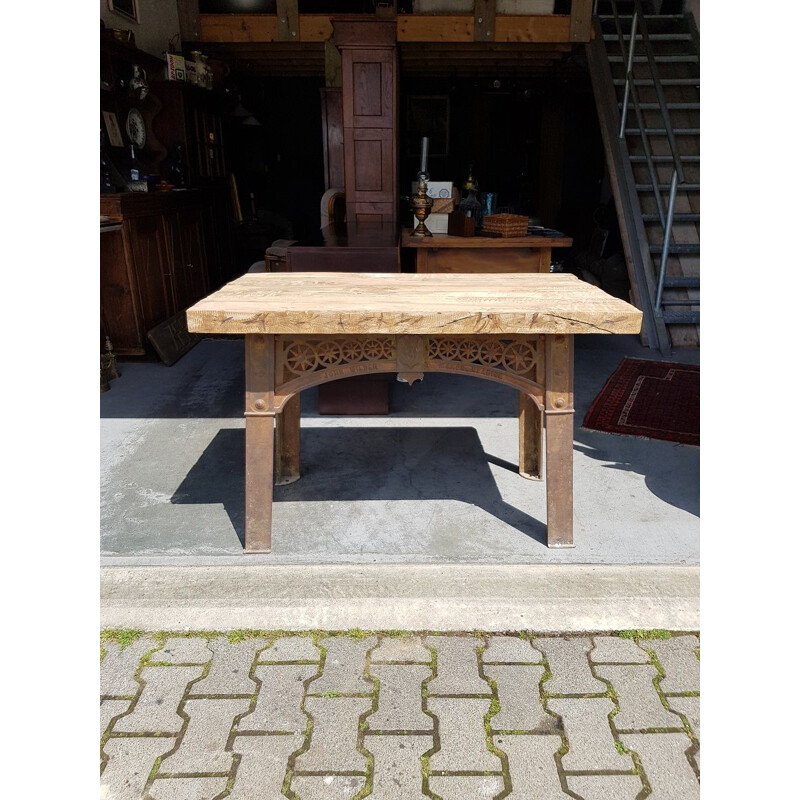 Vintage English iron worktable with oakwood top