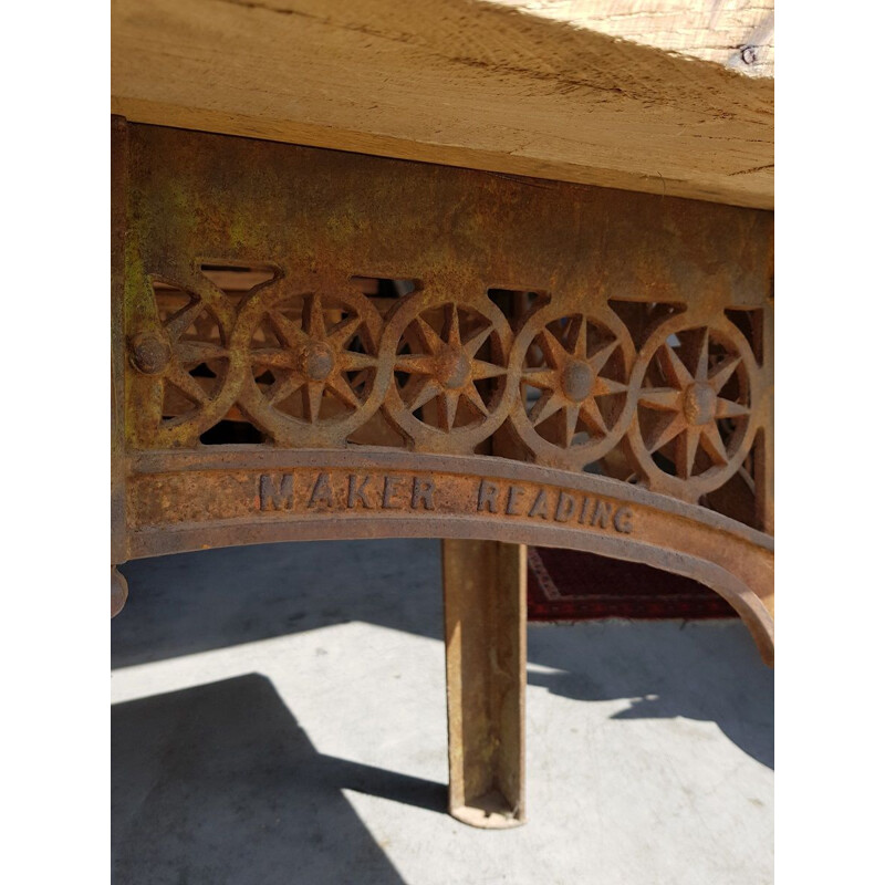 Table de travail anglaise vintage en fer avec plateau en chêne