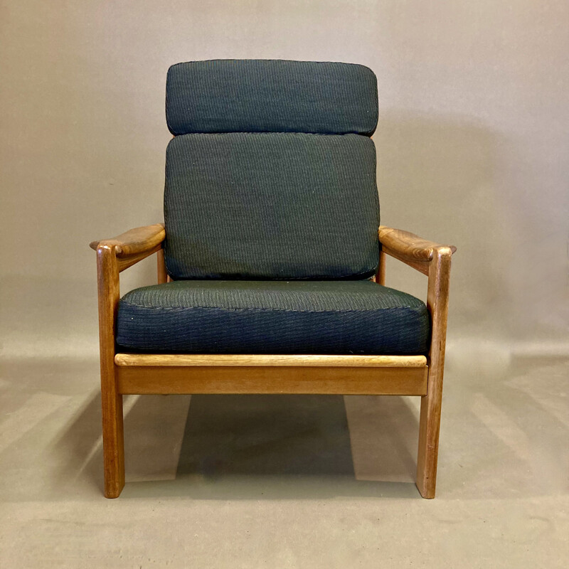 Scandinavian vintage teak and linen armchair, 1950