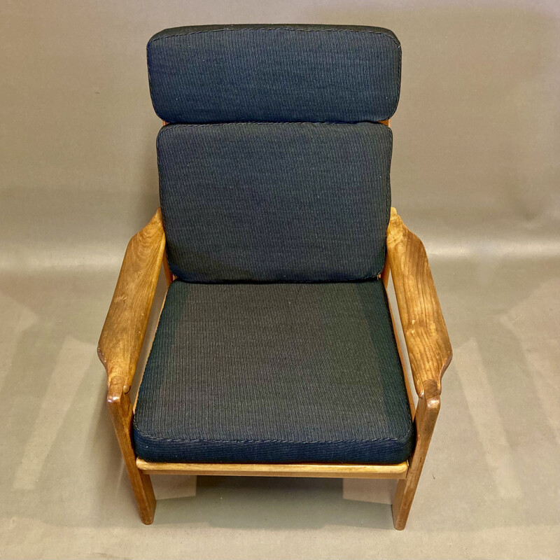 Fauteuil scandinave vintage en teck et lin, 1950