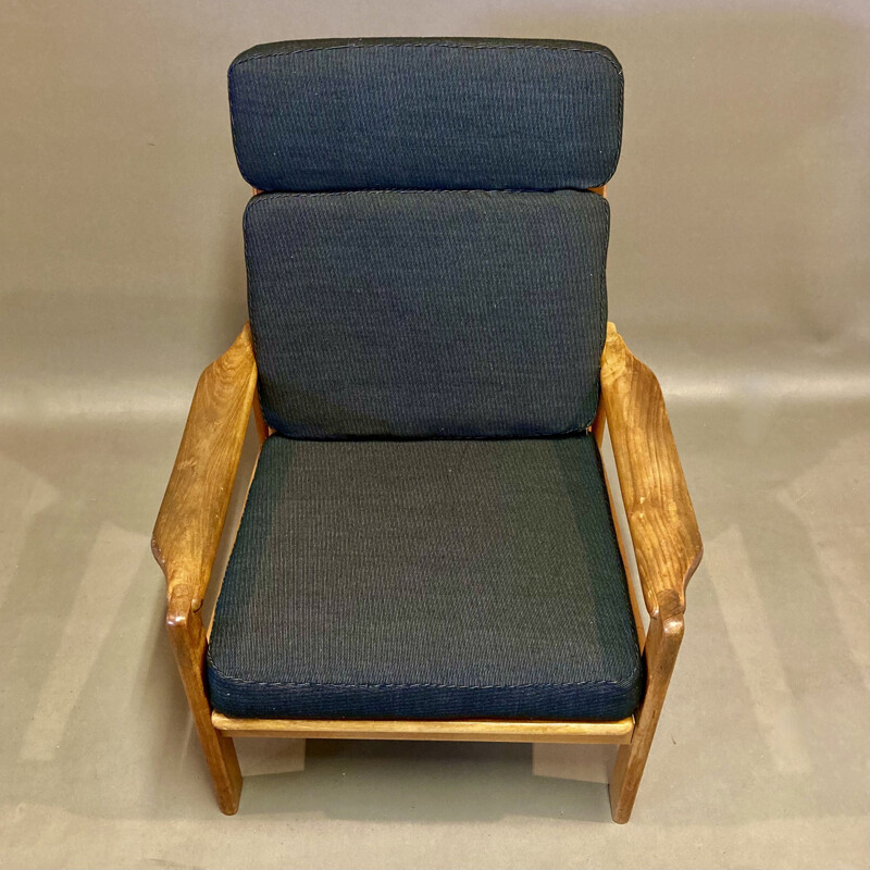 Scandinavian vintage teak and linen armchair, 1950