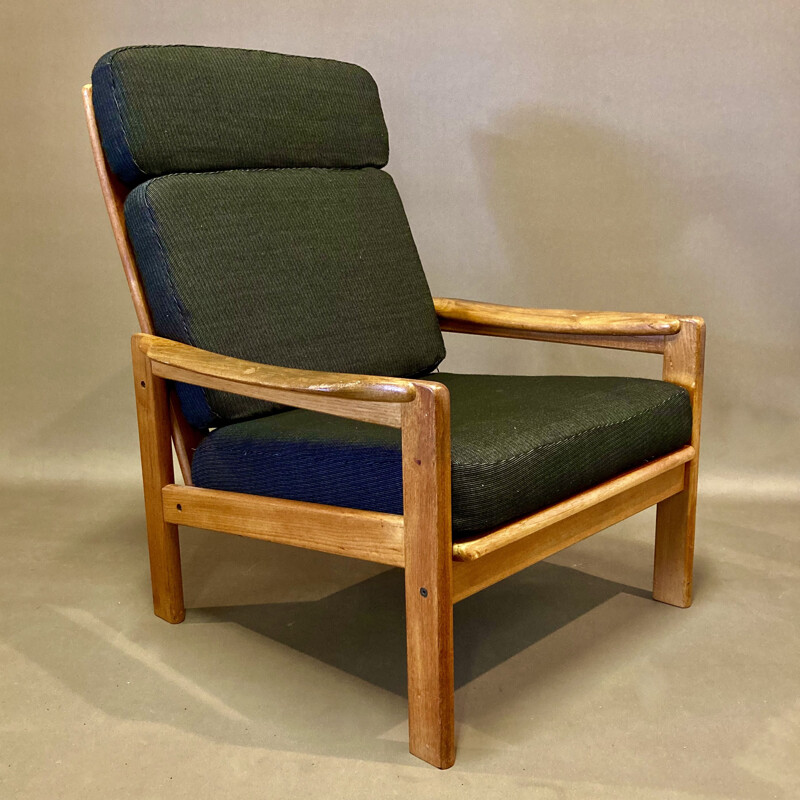 Scandinavian vintage teak and linen armchair, 1950