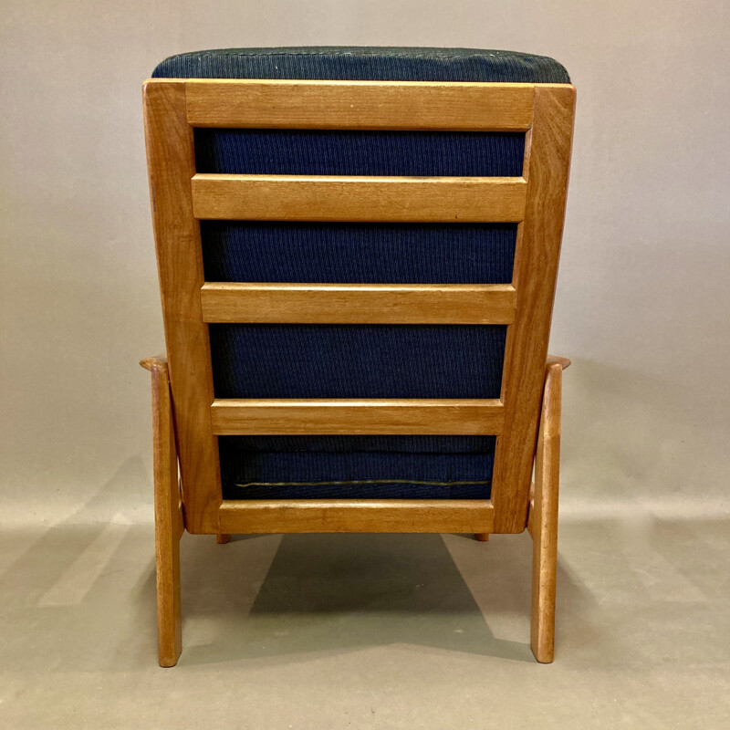 Scandinavian vintage teak and linen armchair, 1950