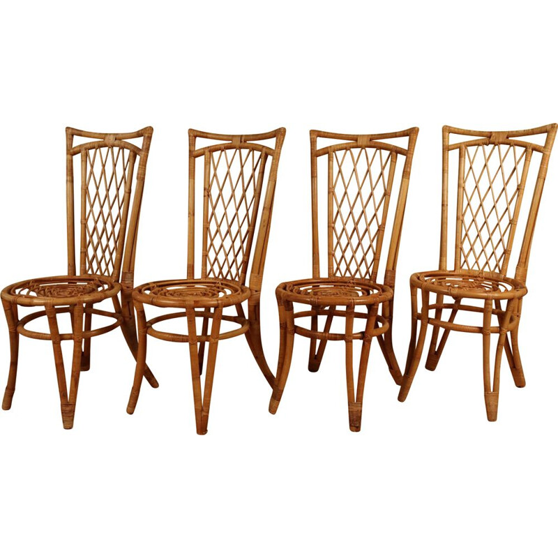 Set of 8 vintage rattan chairs, 1960-1970