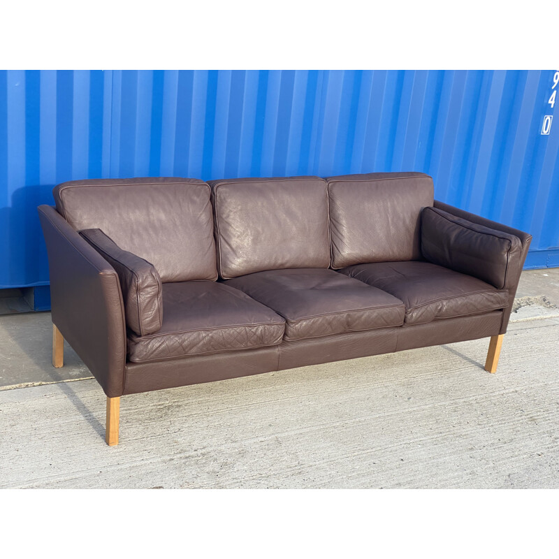 Danish vintage brown leather three seater sofa