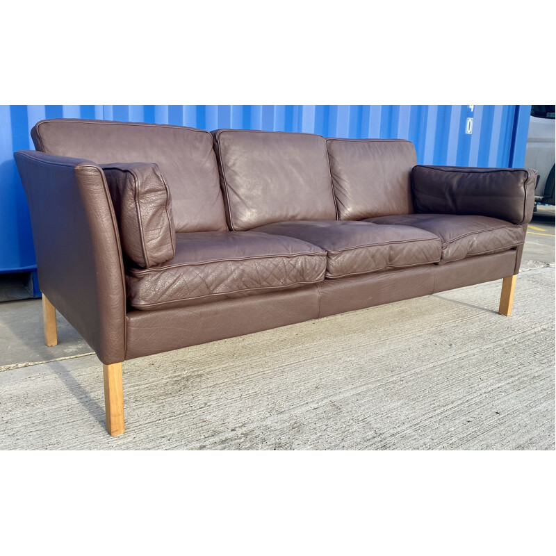 Danish vintage brown leather three seater sofa