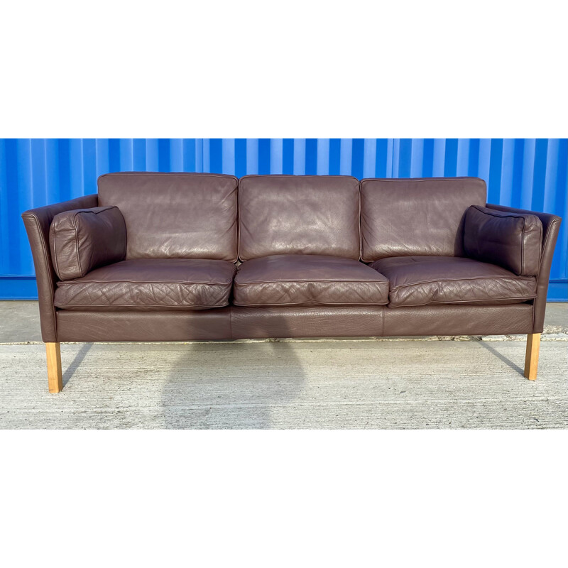 Danish vintage brown leather three seater sofa