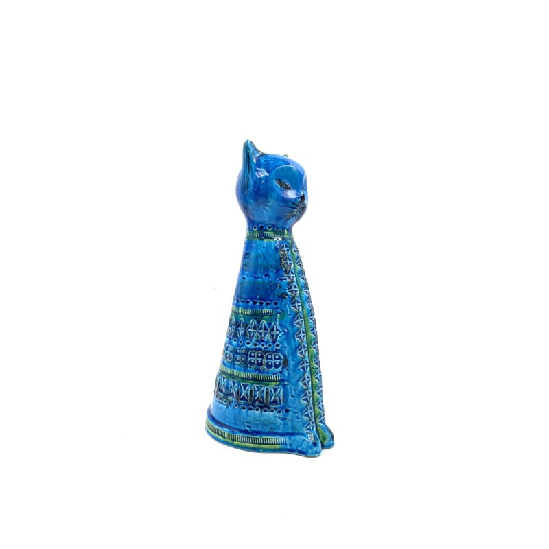 Vintage "Sitting Cat" Rimini blue series ceramic sculpture by Aldo Londi for Bitossi