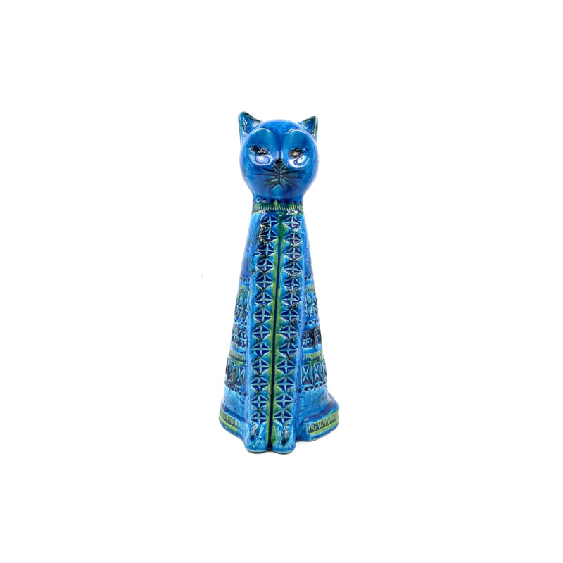 Vintage "Sitting Cat" Rimini blue series ceramic sculpture by Aldo Londi for Bitossi