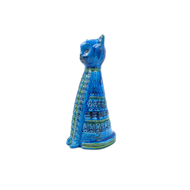 Vintage "Sitting Cat" Rimini blue series ceramic sculpture by Aldo Londi for Bitossi