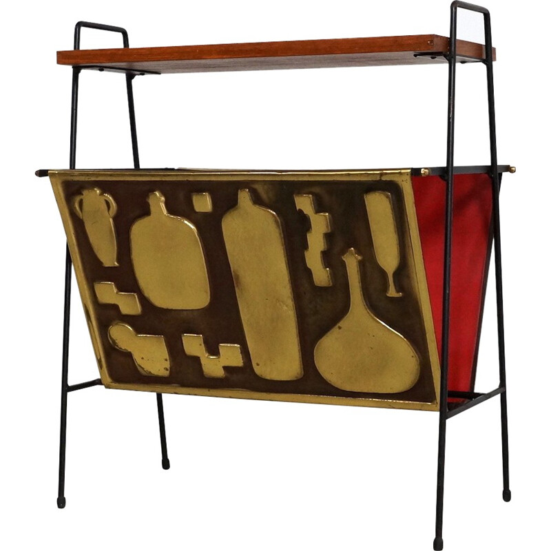 Vintage magazine rack in brass and teak - 1960s