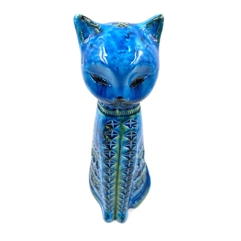 Sculpture en céramique vintage "Sitting Cat" Rimini série bleue par Aldo Londi pour Bitossi