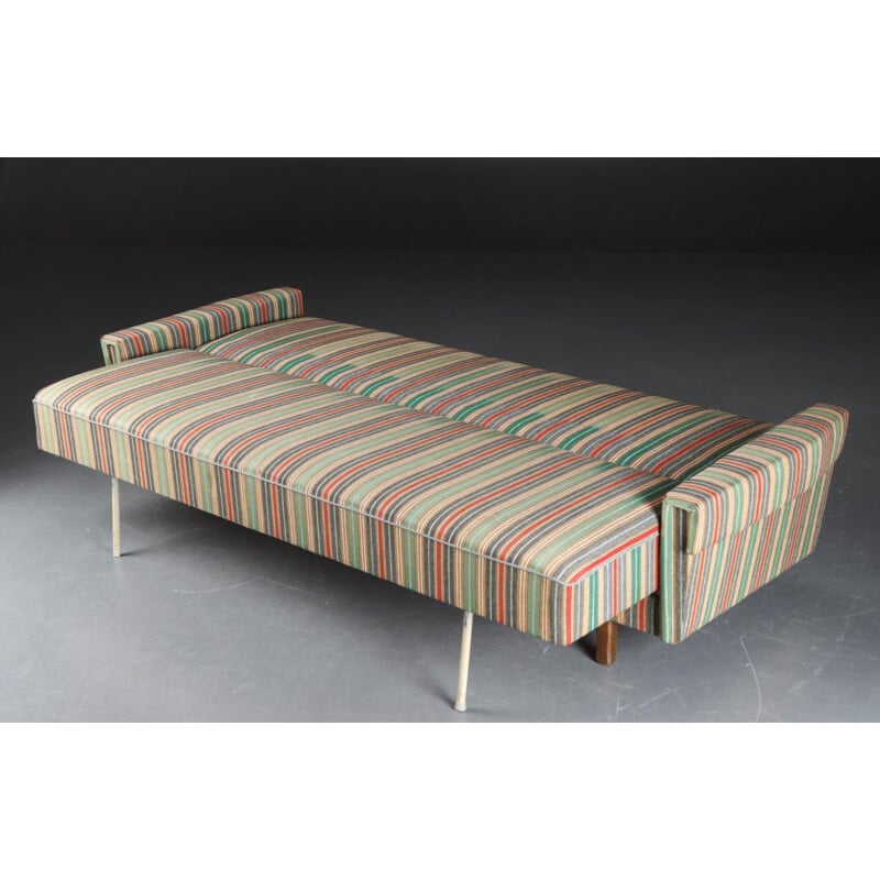 Danish vintage solid oakwood and striped upholstery sofabed