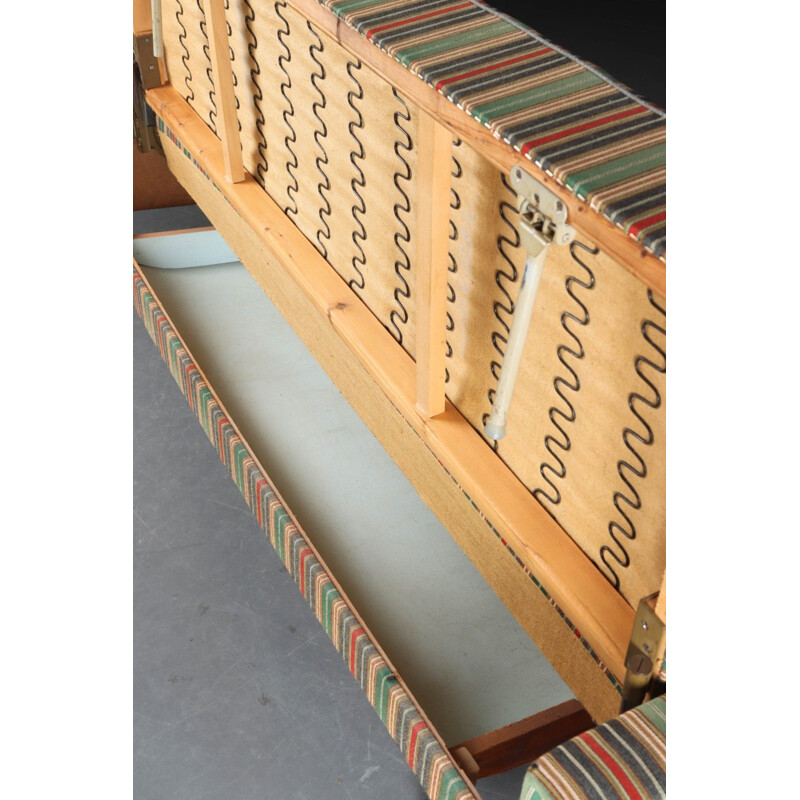 Canapé-lit danois vintage en bois de chêne massif et tapisserie rayée