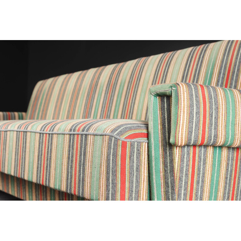 Danish vintage solid oakwood and striped upholstery sofabed