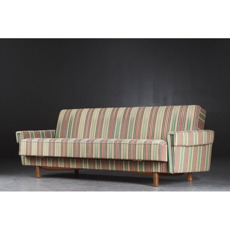Danish vintage solid oakwood and striped upholstery sofabed