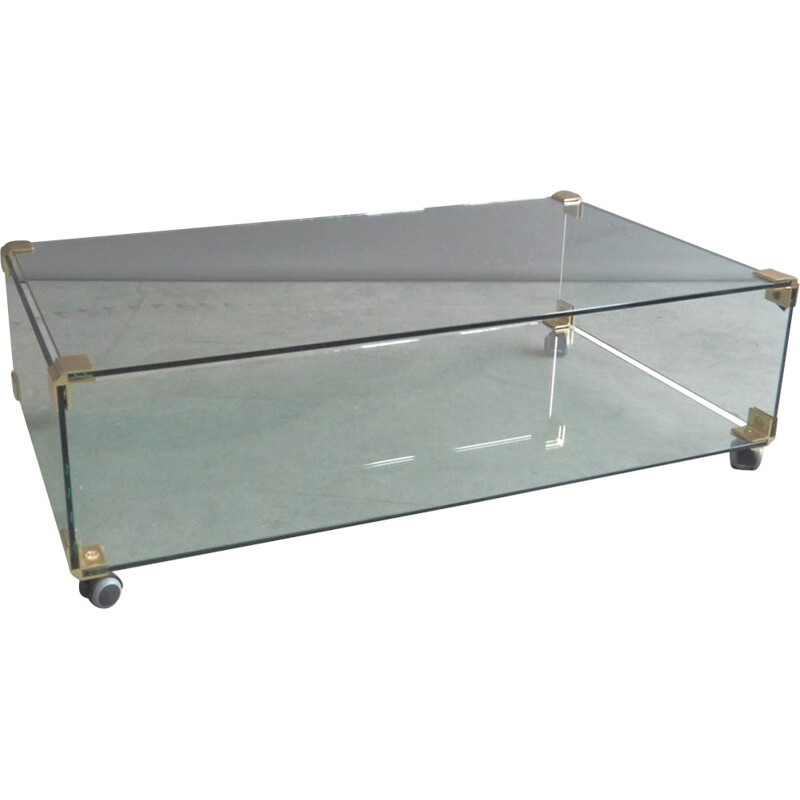 Large glass and brass coffee table on wheels - 1970s