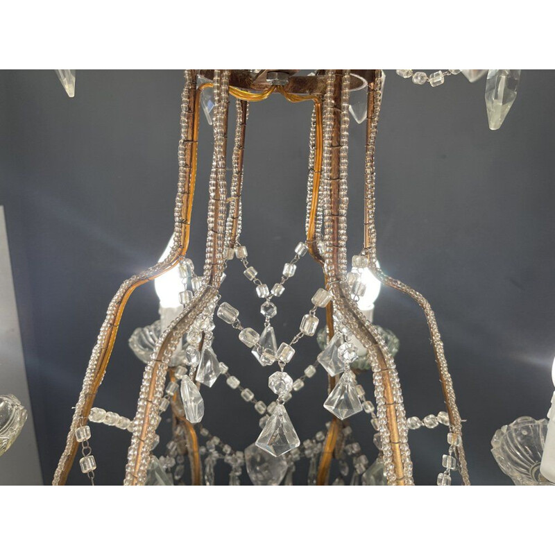 Lustre vintage en perlé cristal, Italie 1950
