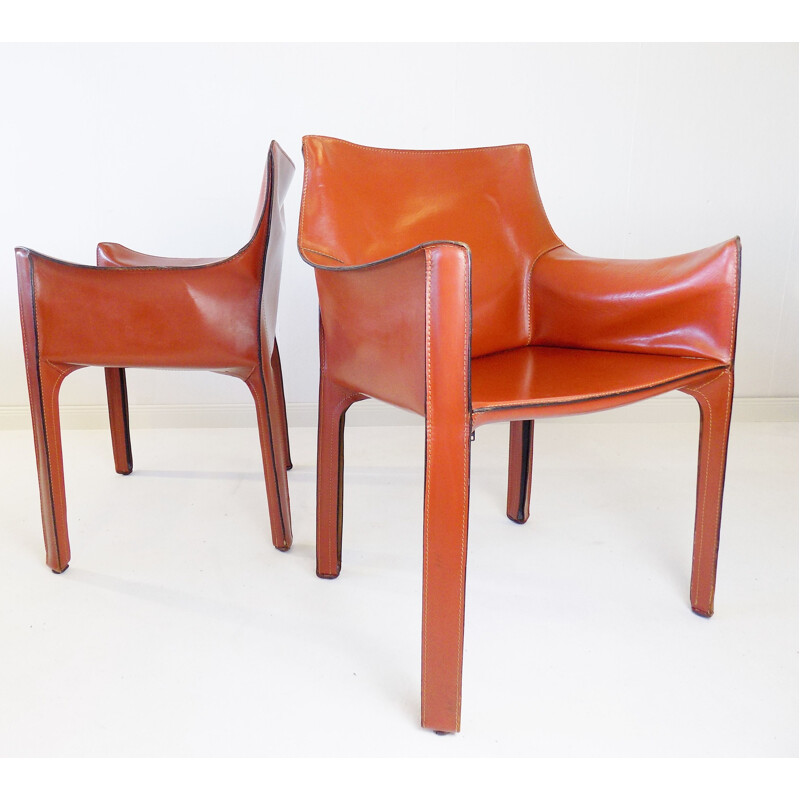 Pair of vintage Cab 413 leather armchairs by Mario Bellini for Cassina