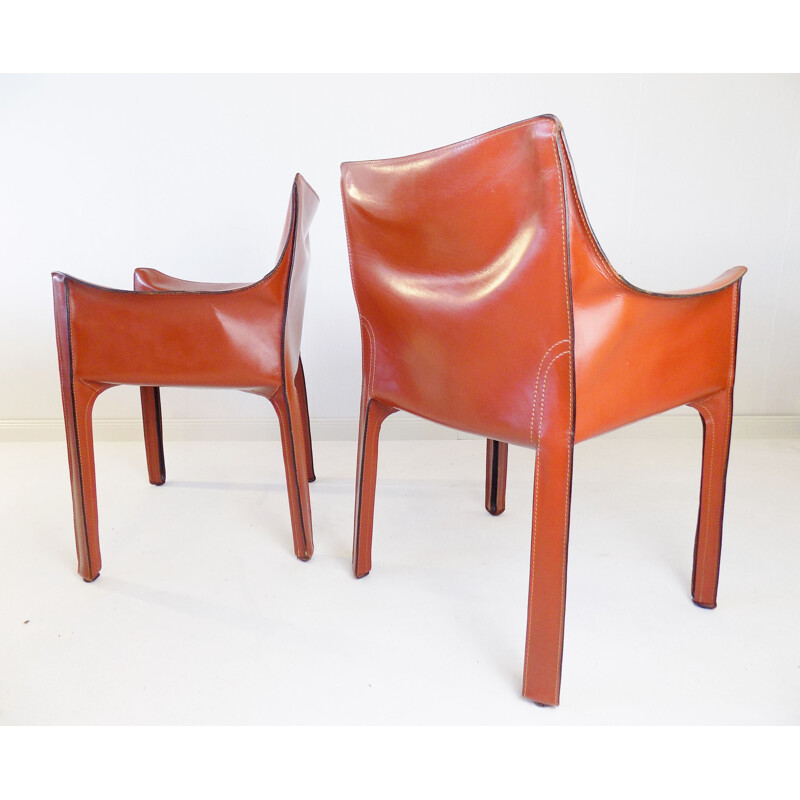 Pair of vintage Cab 413 leather armchairs by Mario Bellini for Cassina