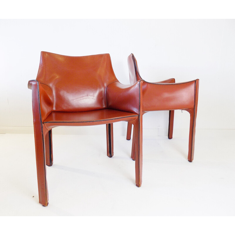 Pair of vintage Cab 413 leather armchairs by Mario Bellini for Cassina