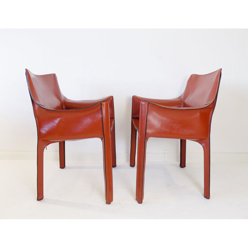 Pair of vintage Cab 413 leather armchairs by Mario Bellini for Cassina