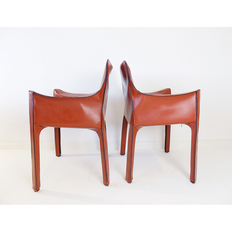 Pair of vintage Cab 413 leather armchairs by Mario Bellini for Cassina