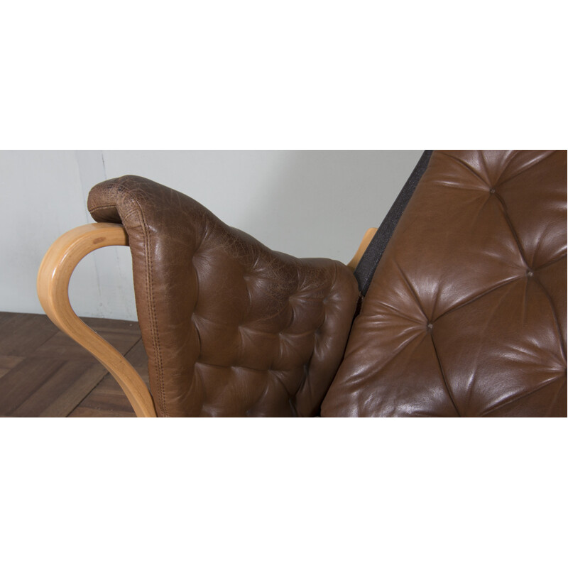 Swedish Dux "Pernilla" armchair in brown leather and wood, Bruno MATHSSON - 1960s