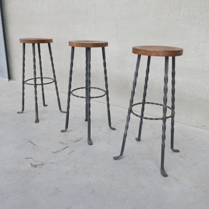 Set of 3 Brutalist mid-century iron and wood bar stools, Holland 1960s