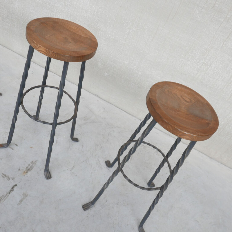 Set di 3 sgabelli da bar vintage in legno e ferro, Paesi Bassi 1960