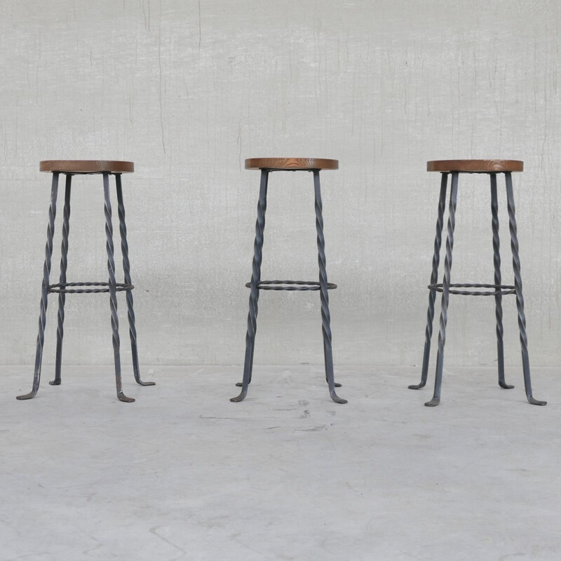 Set of 3 Brutalist mid-century iron and wood bar stools, Holland 1960s