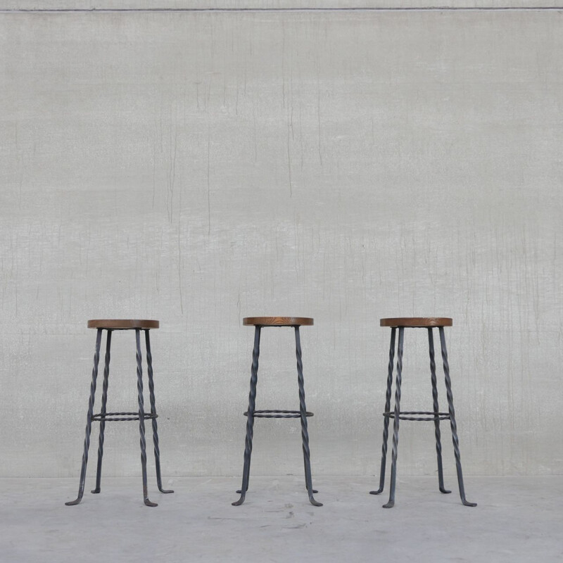 Set of 3 Brutalist mid-century iron and wood bar stools, Holland 1960s