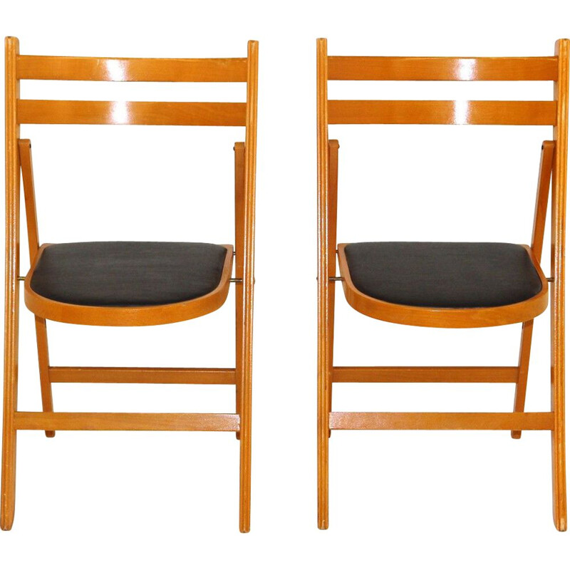 Pair of vintage folding chairs in beechwood and black fabric, Sweden 1960