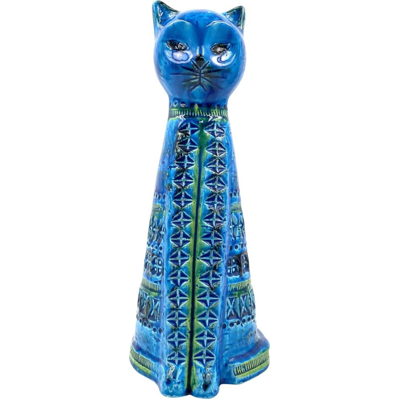 Vintage "Sitting Cat" Rimini blue series ceramic sculpture by Aldo Londi for Bitossi