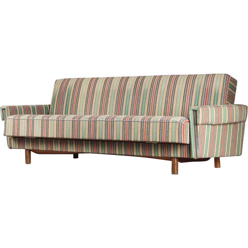 Danish vintage solid oakwood and striped upholstery sofabed