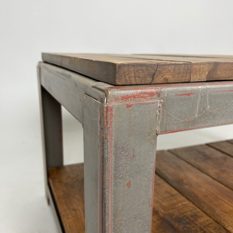 Table basse vintage en acier et bois, Tchécoslovaquie