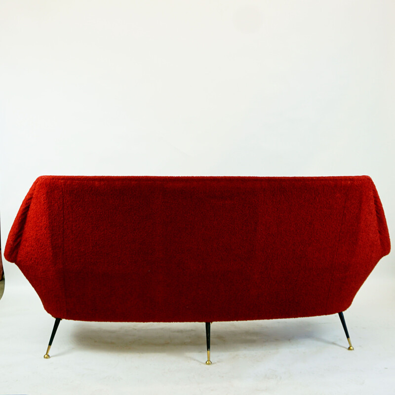 Red Italian mid century 3 seat sofa with brass legs