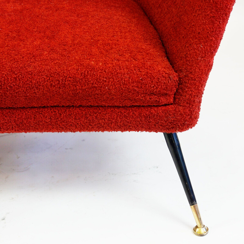 Red Italian mid century 3 seat sofa with brass legs