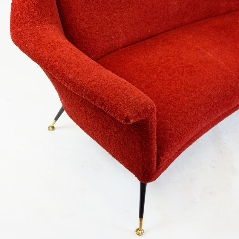 Red Italian mid century 3 seat sofa with brass legs