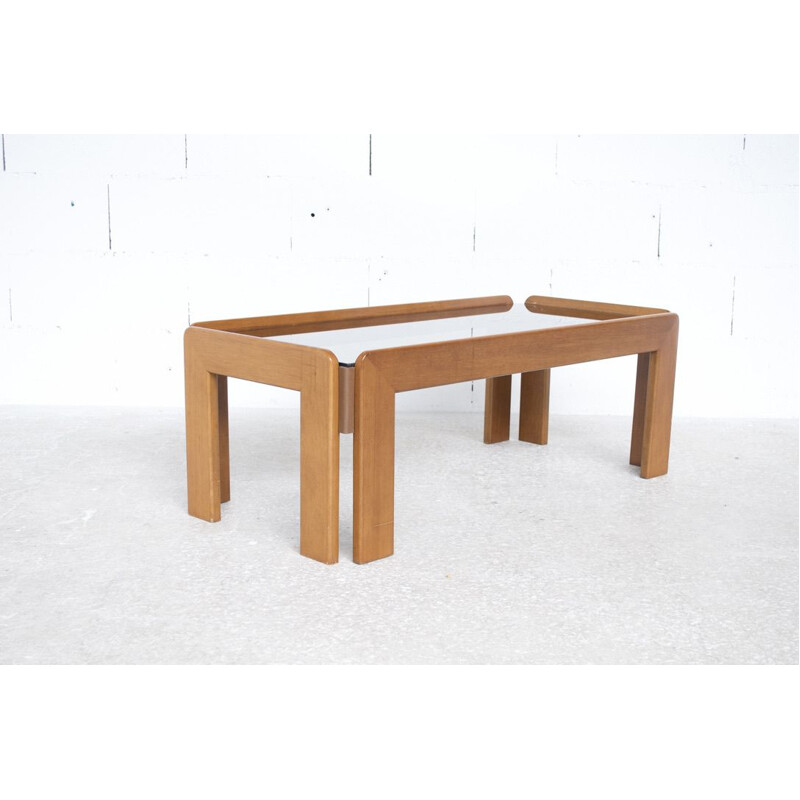 Vintage walnut and blue glass coffee table by Tobia & Afra Scarpa for Cassina, 1970