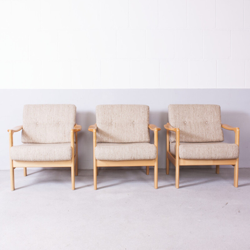 Fauteuil vintage en bouleau et laine beige, Walter KNOLL - 1970