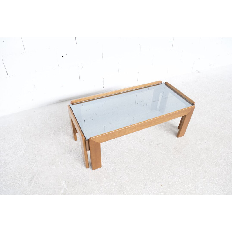 Vintage walnut and blue glass coffee table by Tobia & Afra Scarpa for Cassina, 1970