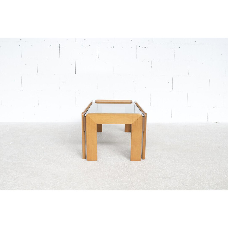 Vintage walnut and blue glass coffee table by Tobia & Afra Scarpa for Cassina, 1970