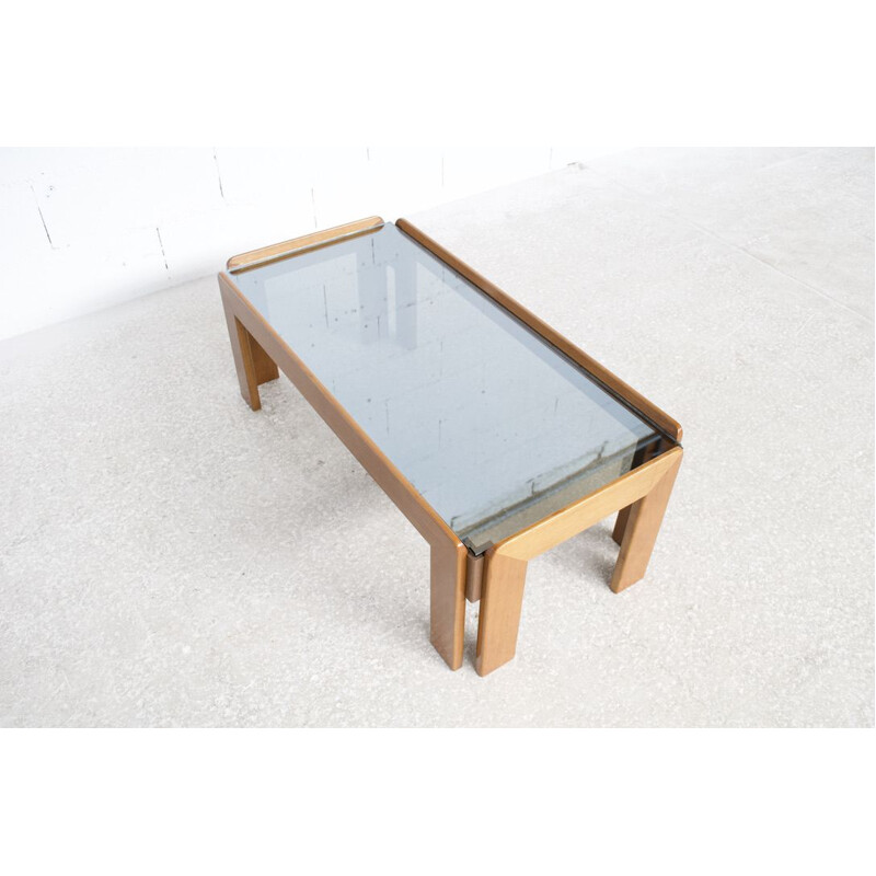 Vintage walnut and blue glass coffee table by Tobia & Afra Scarpa for Cassina, 1970
