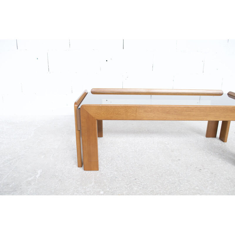 Vintage walnut and blue glass coffee table by Tobia & Afra Scarpa for Cassina, 1970