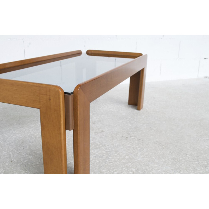 Vintage walnut and blue glass coffee table by Tobia & Afra Scarpa for Cassina, 1970