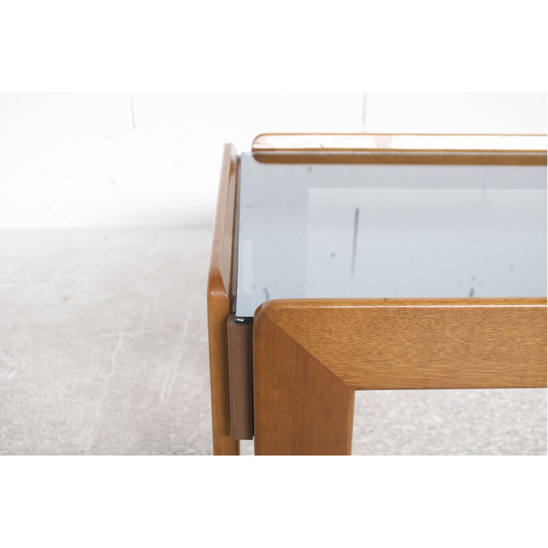 Vintage walnut and blue glass coffee table by Tobia & Afra Scarpa for Cassina, 1970