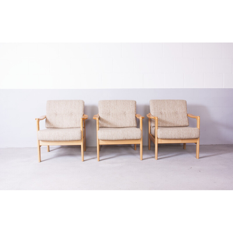 Armchair in beige wool and birch wood, Walter KNOLL - 1970s