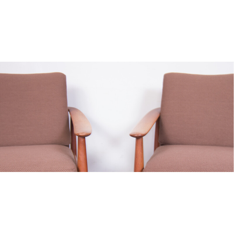 Pair of lounge chairs in teak and fabric, Walter KNOLL - 1950s