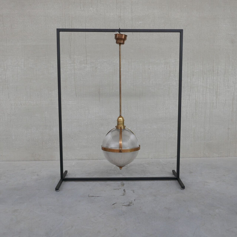 Vintage brass and glass holophane style pendant lamp, France 1970s